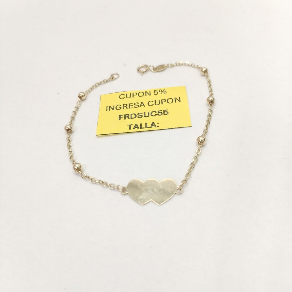 PULSERA TEJIDO ESPECIAL CON DOS CORAZONES 14K 18 CM 1.7 GR (NUEVO)