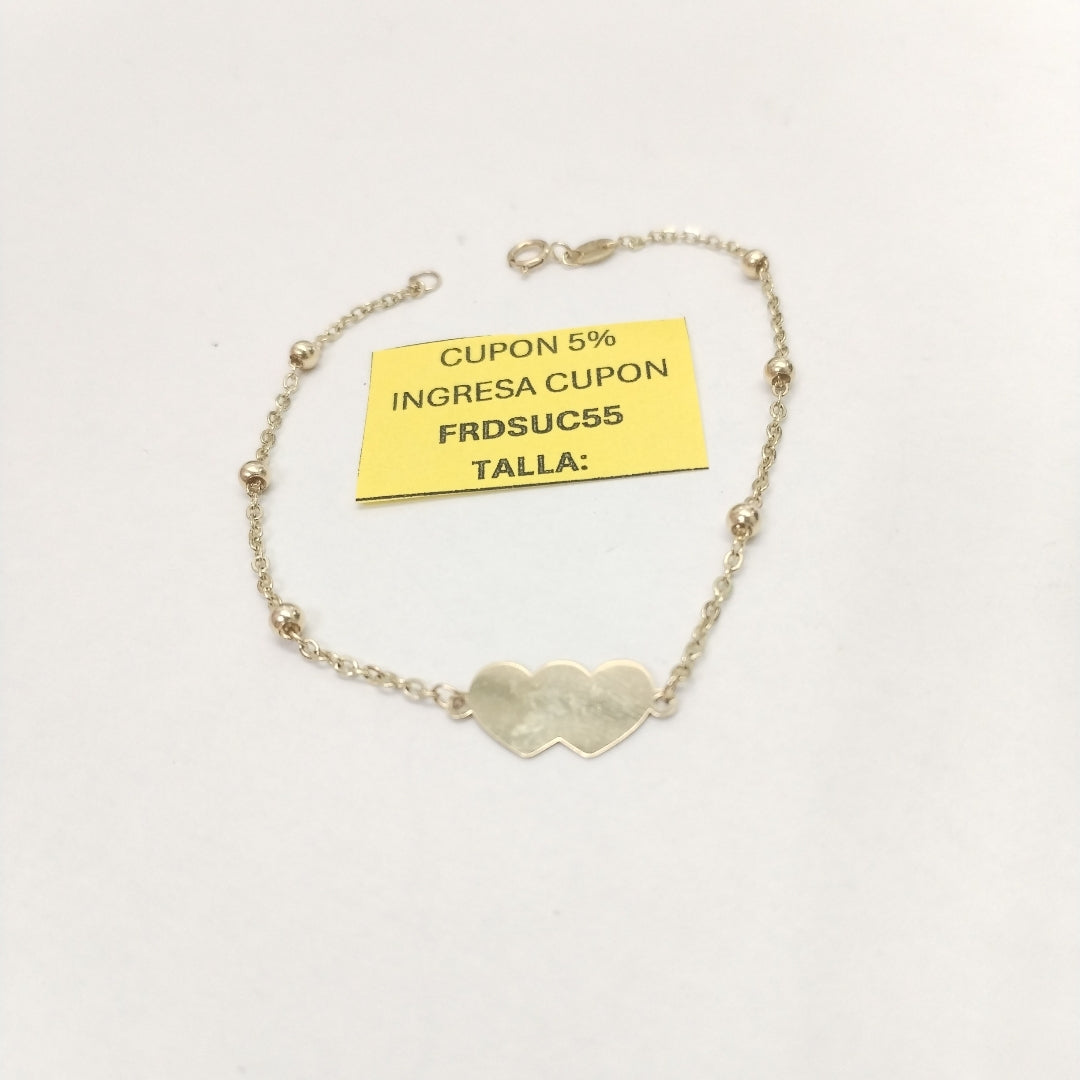 PULSERA TEJIDO ESPECIAL CON DOS CORAZONES 14K 18 CM 1.7 GR (NUEVO)
