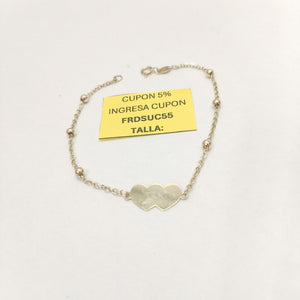 PULSERA TEJIDO ESPECIAL CON DOS CORAZONES 14K 18 CM 1.7 GR (NUEVO)