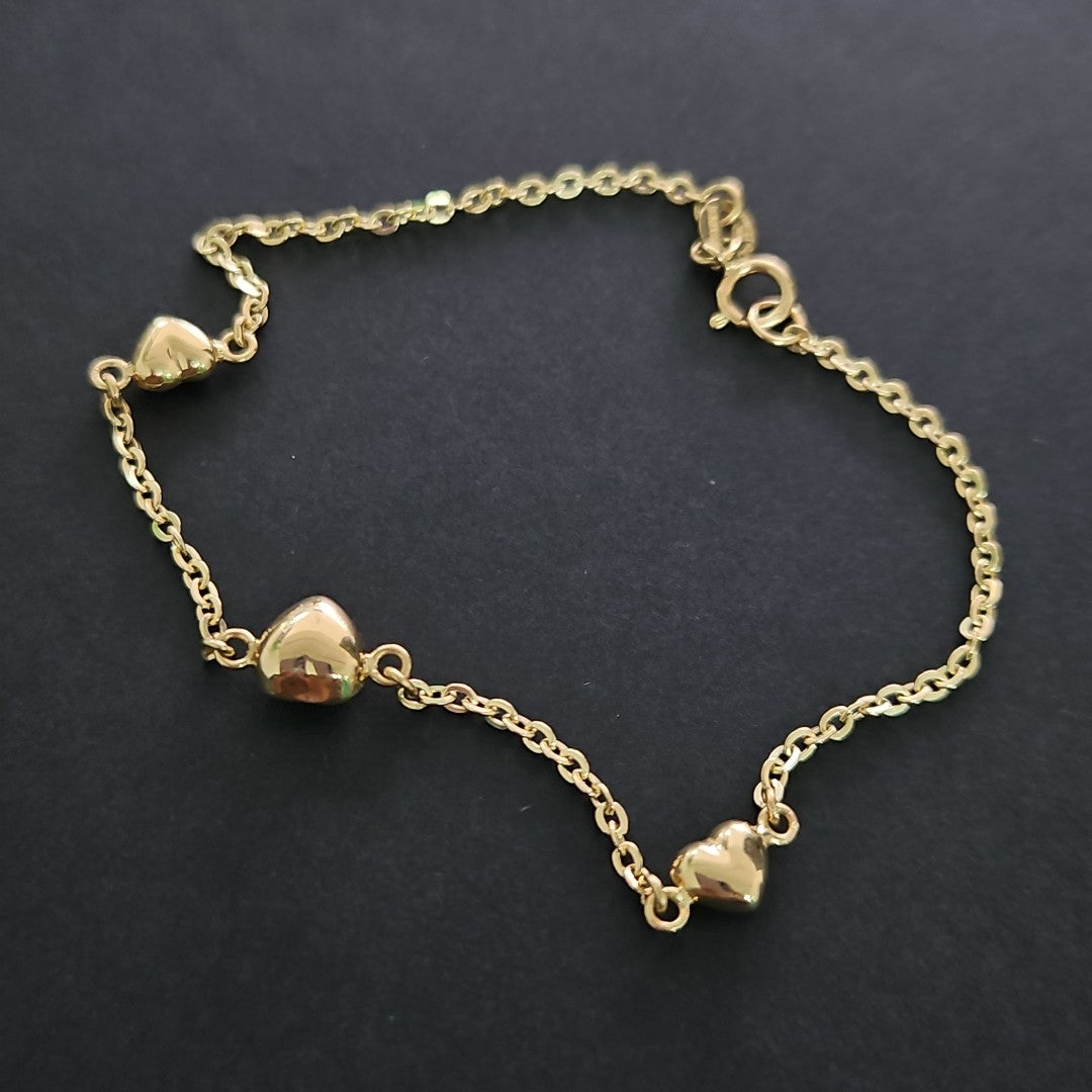 PULSERA TEJIDO ESPECIAL CON CORAZONES 14K 18 CM 1.7 GR (NUEVO)