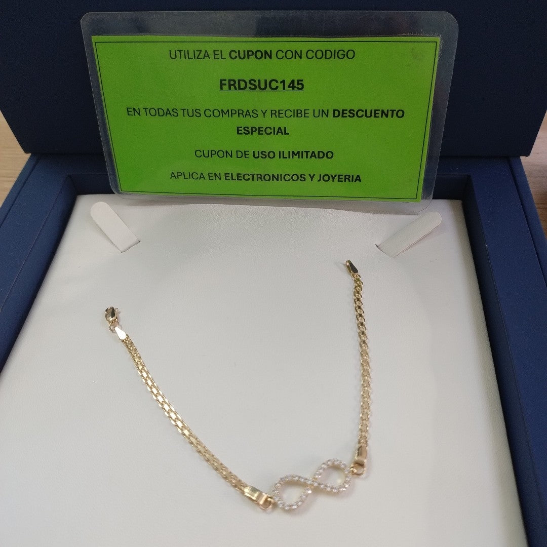 PULSERA TEJIDO ESPECIAL CON INFINITO Y CIRCONIAS 14K 18 CM 3.4 GR (NUEVO)