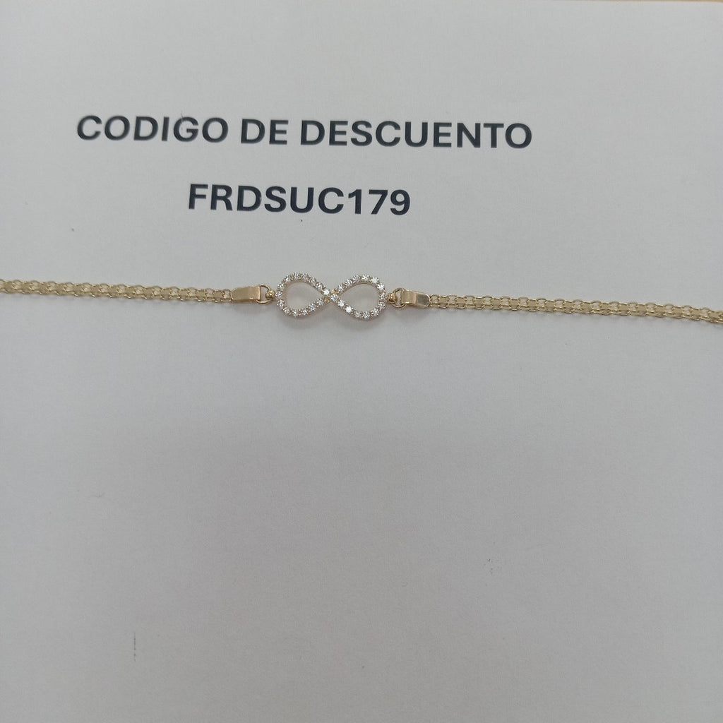 PULSERA TEJIDO ESPECIAL CON INFINITO Y CIRCONIAS 14K 18 CM 3.4 GR (NUEVO)