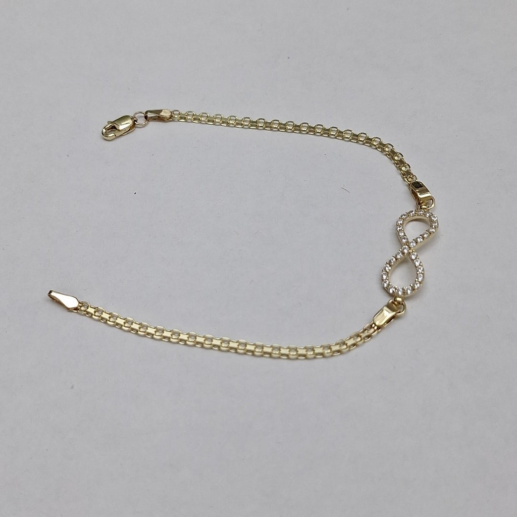 PULSERA TEJIDO ESPECIAL CON INFINITO Y CIRCONIAS 14K 18 CM 3.4 GR (NUEVO)