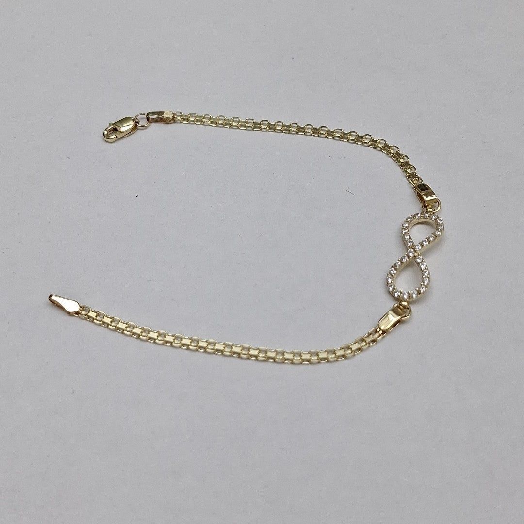 PULSERA TEJIDO ESPECIAL CON INFINITO Y CIRCONIAS 14K 18 CM 3.4 GR (NUEVO)