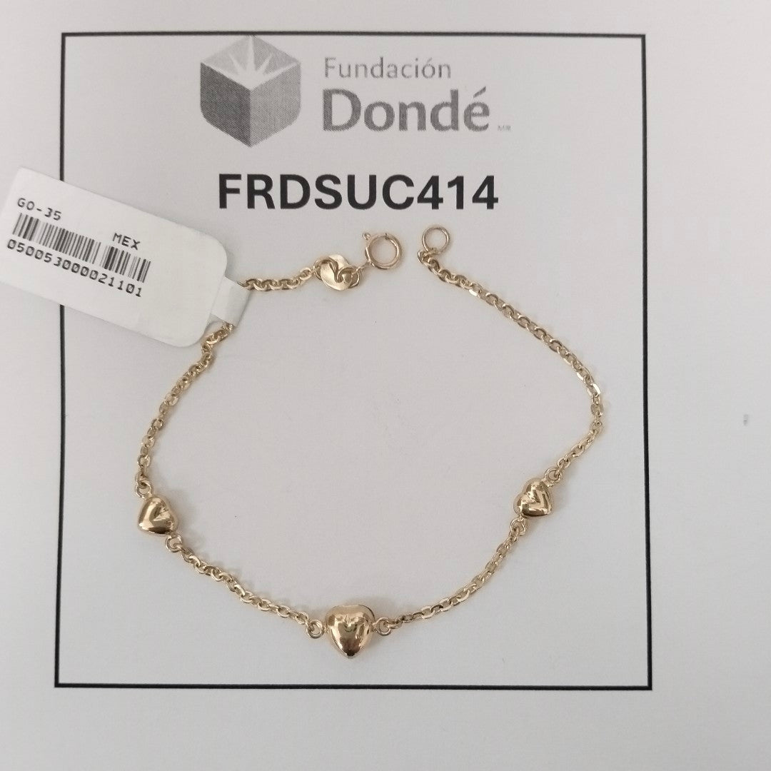 PULSERA TEJIDO ESPECIAL CON CORAZONES 14K 18 CM 1.7 GR (NUEVO)