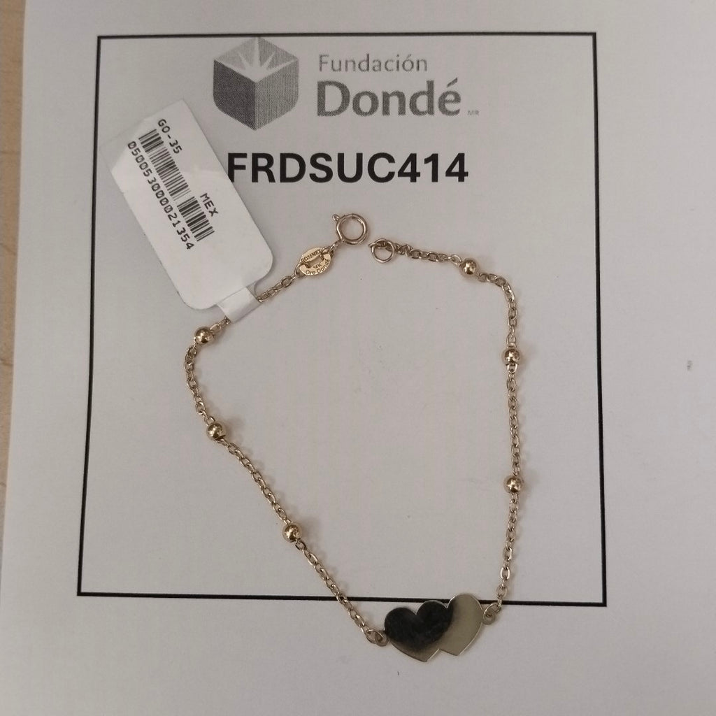 PULSERA TEJIDO ESPECIAL CON DOS CORAZONES 14K 18 CM 1.7 GR (NUEVO)