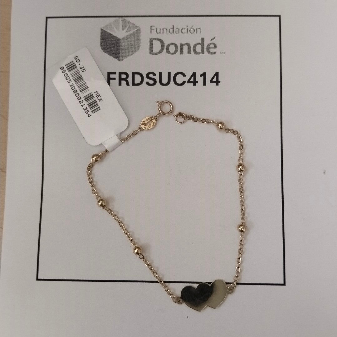 PULSERA TEJIDO ESPECIAL CON DOS CORAZONES 14K 18 CM 1.7 GR (NUEVO)
