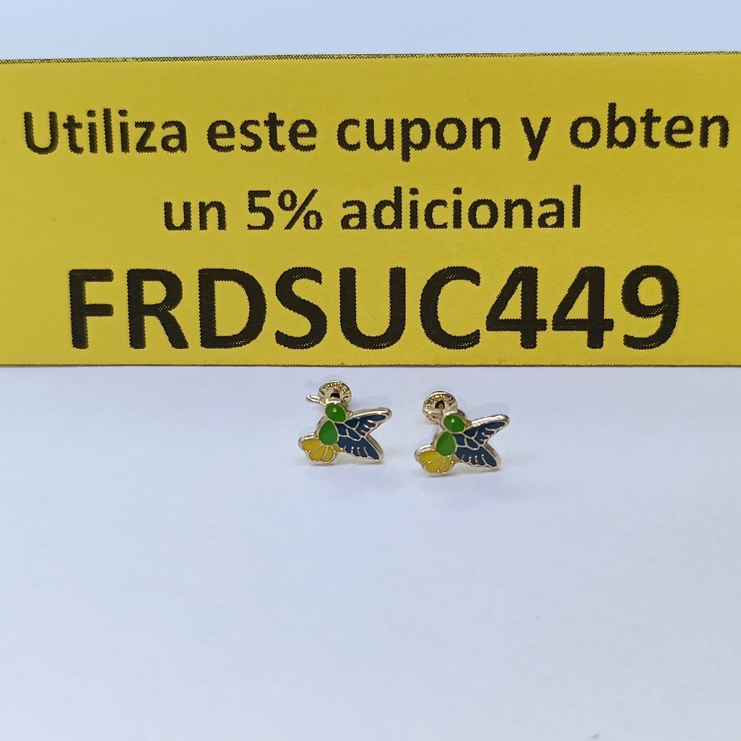 BROQUELES BROQUEL FIG COLIBRI ESMALTE VERDE 14K 0.2138 GR (NUEVO)