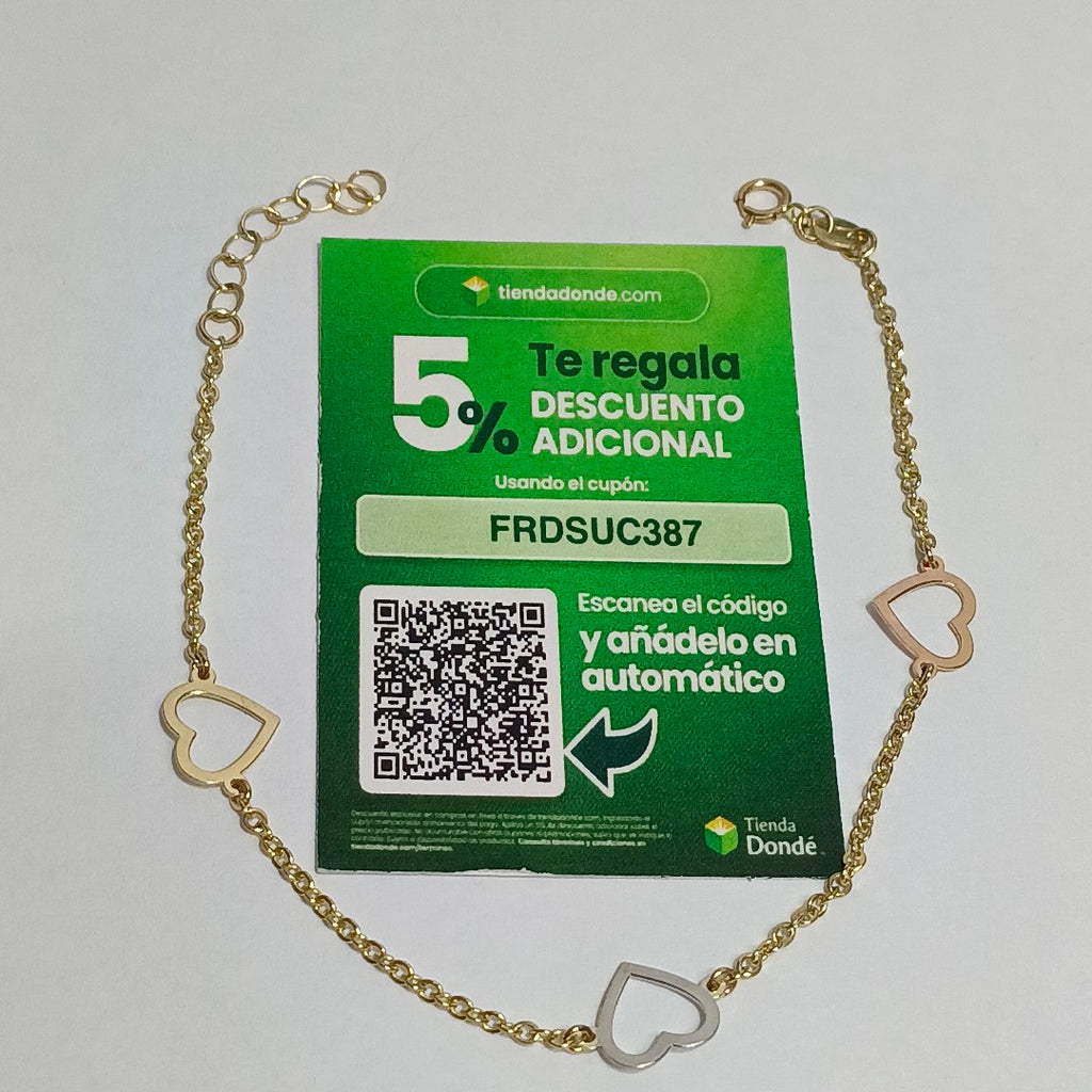 PULSERA ESPECIAL CON CORAZONES CONBINADOS 14K 18 CM 1.7 GR (NUEVO)