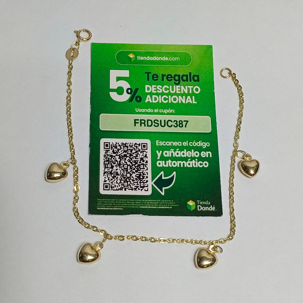 PULSERA ESP CON FIG CORAZONES 14K 18 CM 1.7 GR (NUEVO)