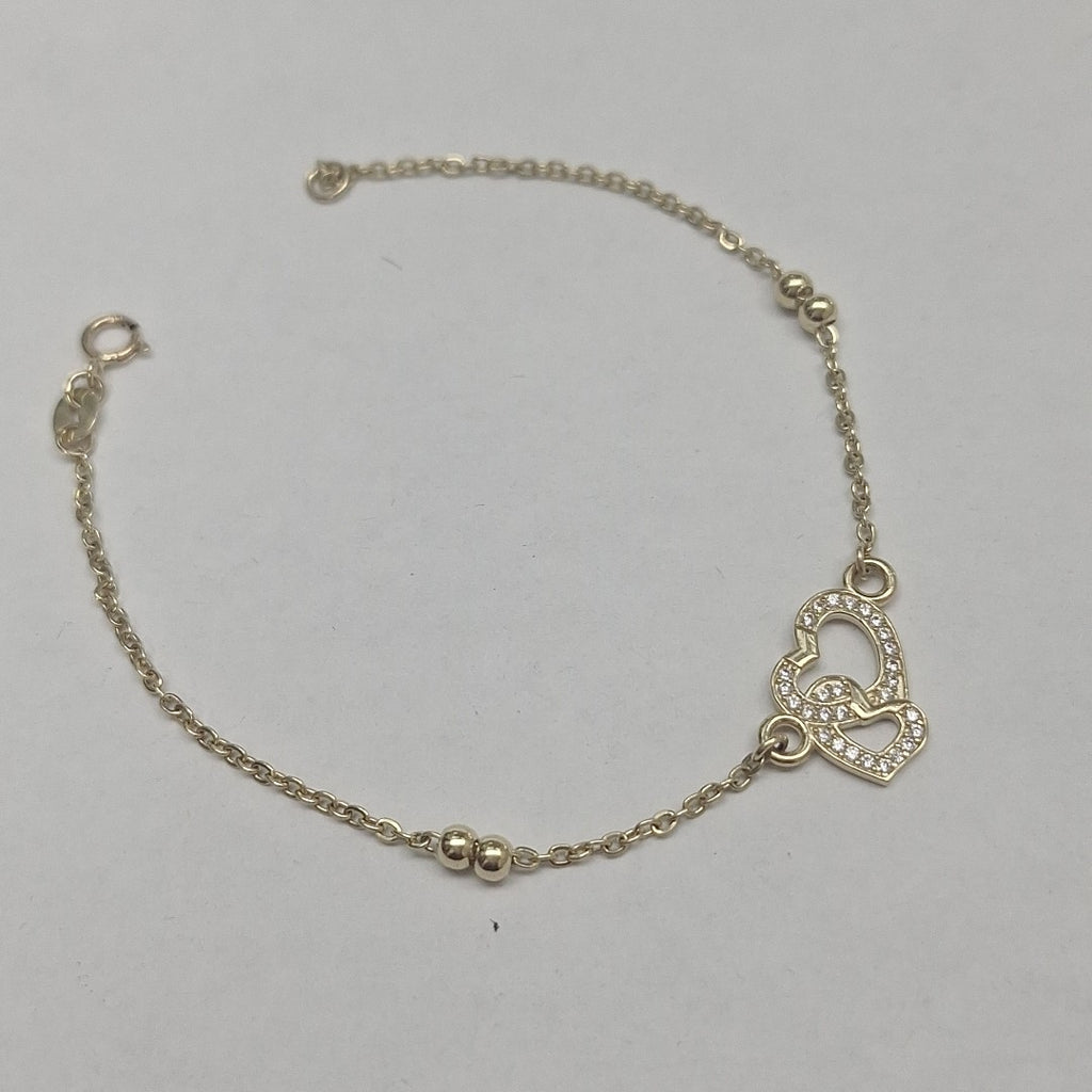 PULSERA TEJIDO ESPECIAL CORAZONES CON CIRCONIAS 14K 18 CM 2.4 GR (NUEVO)
