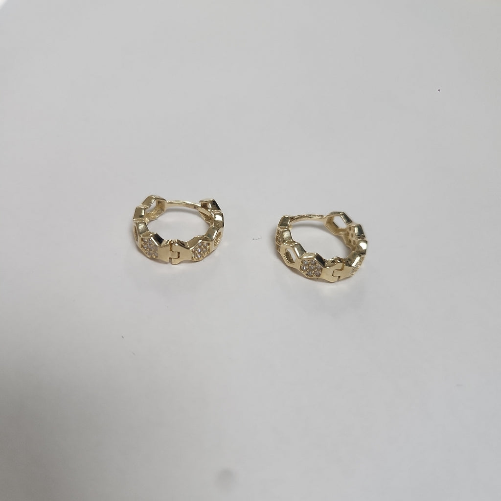 ARETES HUGGIES HEXAGONALES C CIRCONIAS 14K 2.5 GR (NUEVO)