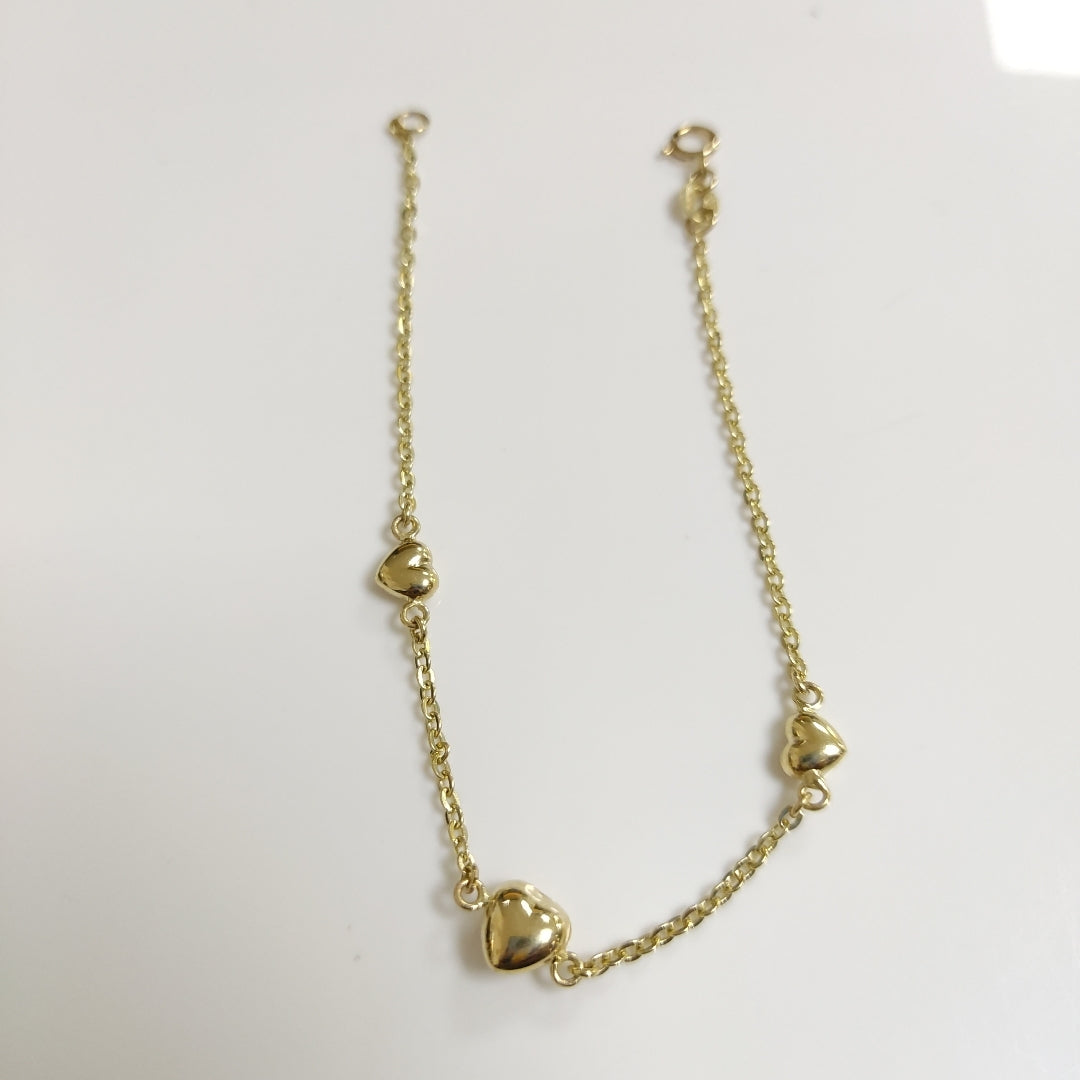 PULSERA TEJIDO ESPECIAL CON CORAZONES 14K 18 CM 1.7 GR (NUEVO)