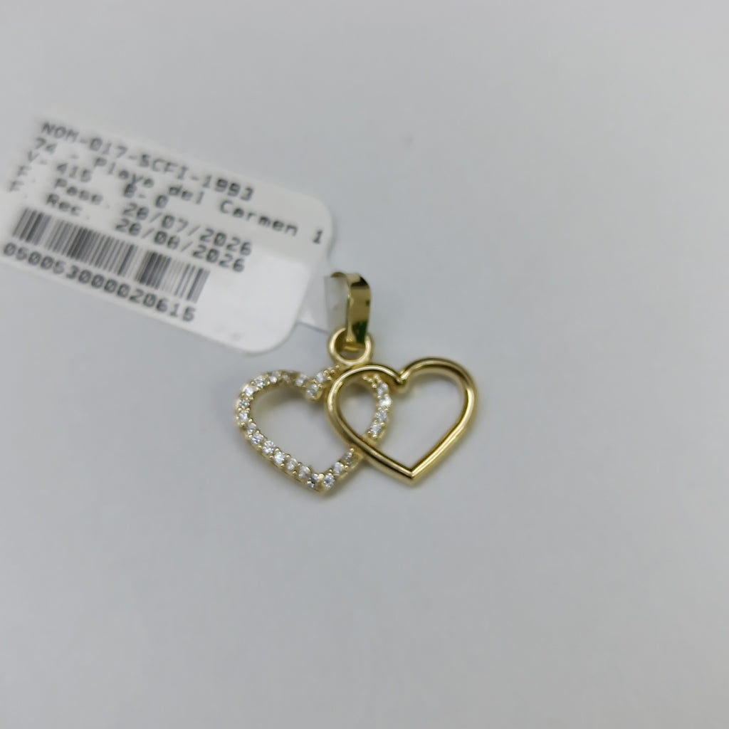 DIJE TEJIDO DOS CORAZONES CON CIRCONIAS 14K 1.4 GR (NUEVO)