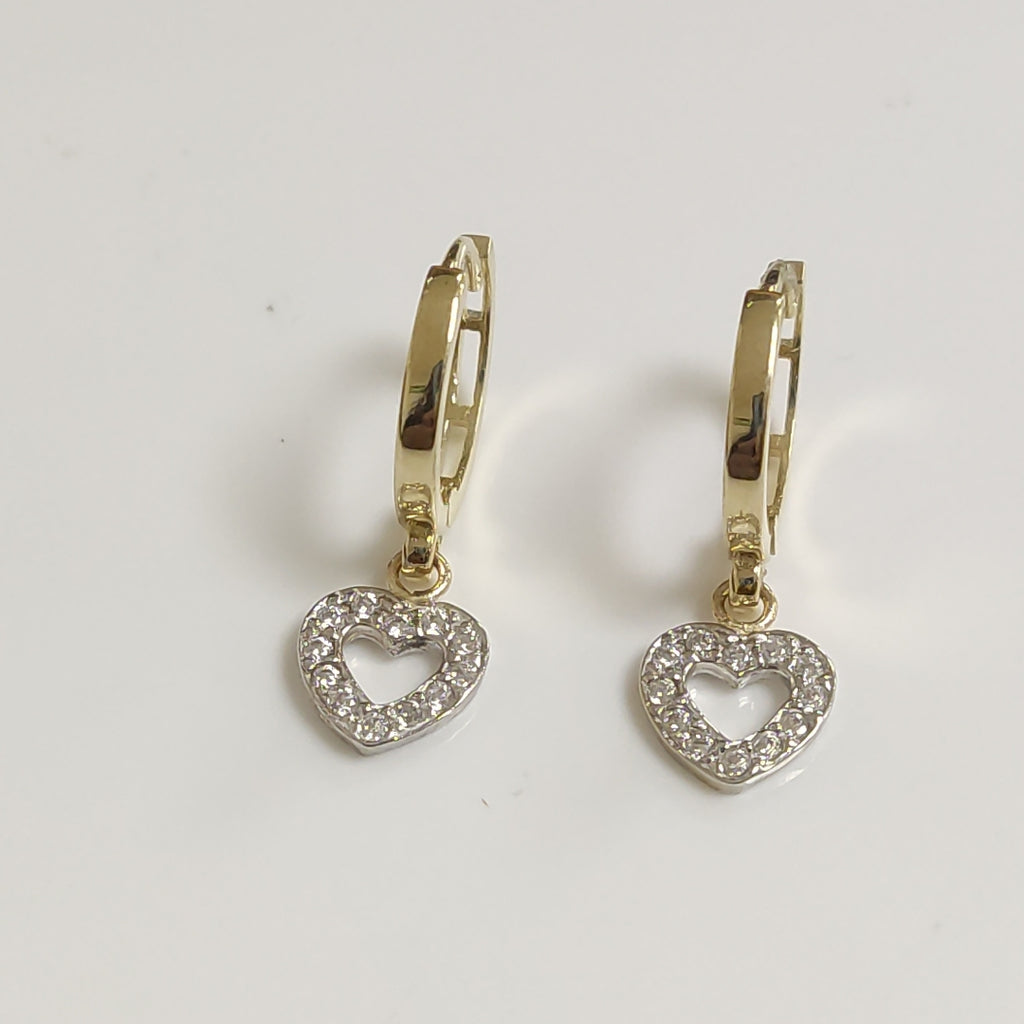 ARETES HUGGIES CON DIJE CORAZON Y CIRCONIAS 14K 2 GR (NUEVO)