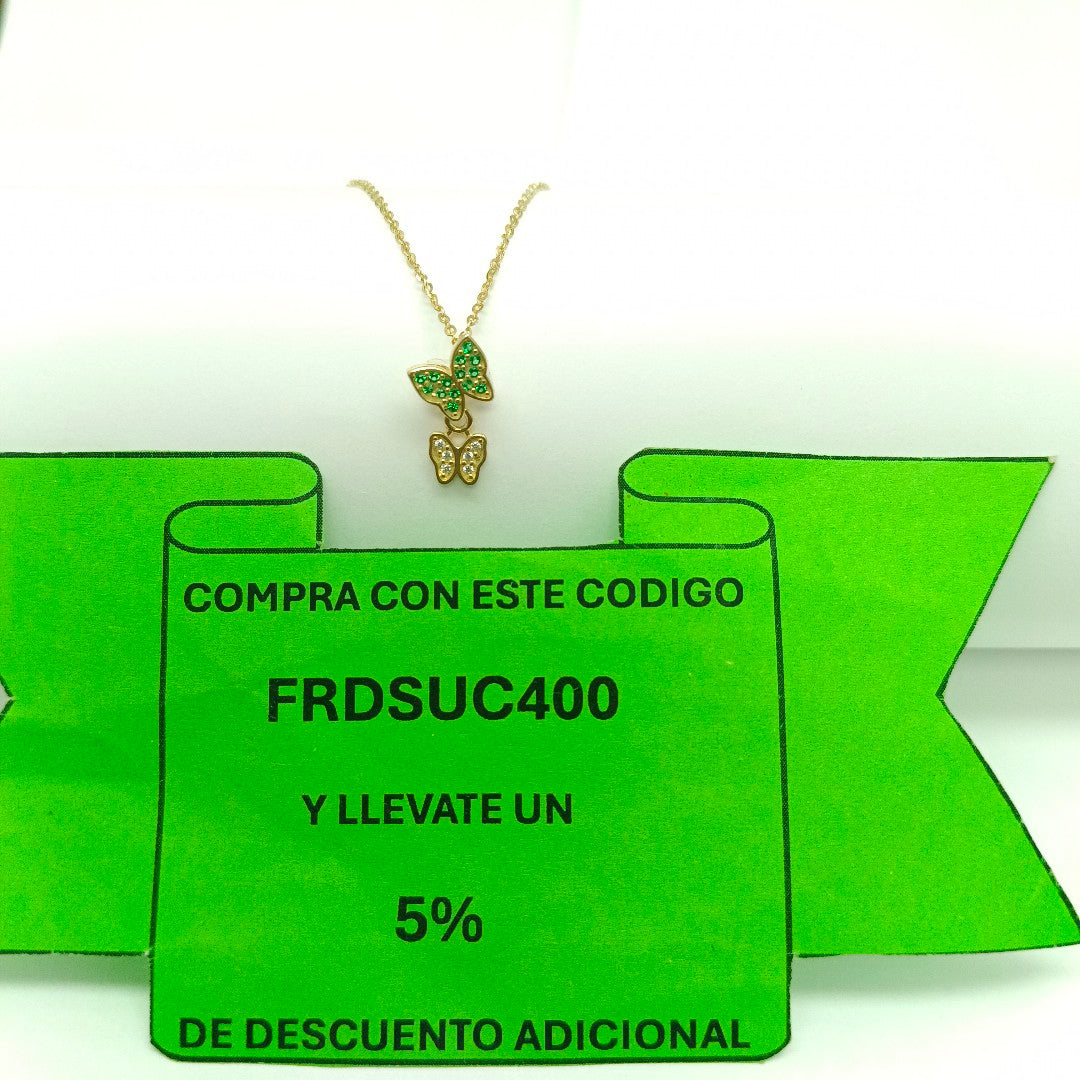 CADENA TEJIDO GARGANTILLA CON DIJE MARIPOSAS CIRCONIAS Y PIEDRAS DE COLOR 14K 45 CM 2 GR (NUEVO)