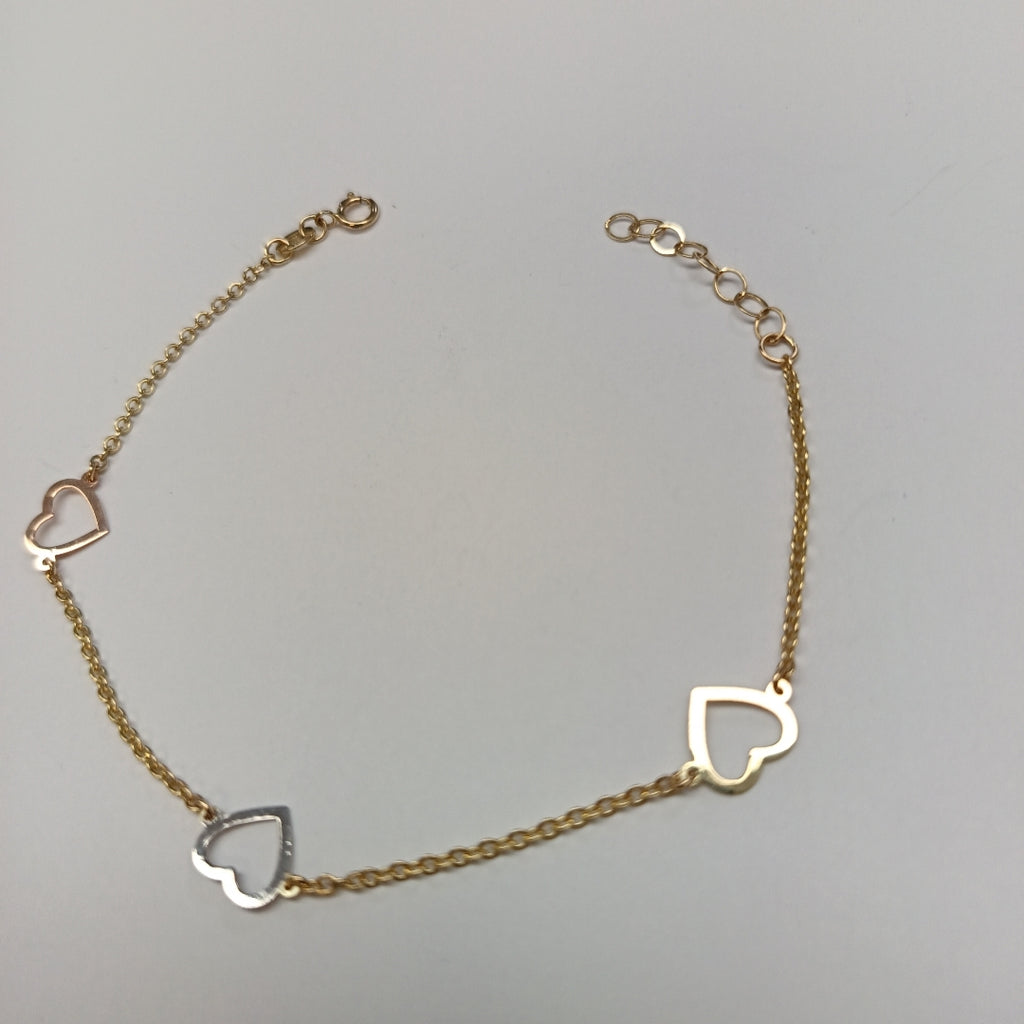 PULSERA ESPECIAL CON CORAZONES CONBINADOS 14K 18 CM 1.7 GR (NUEVO)