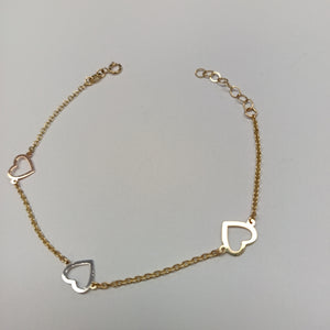 PULSERA ESPECIAL CON CORAZONES CONBINADOS 14K 18 CM 1.7 GR (NUEVO)