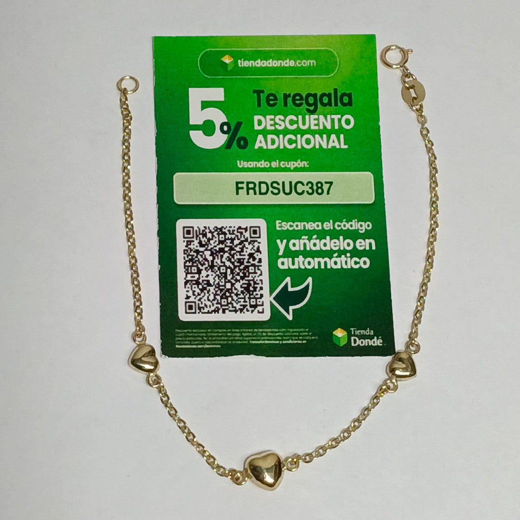 PULSERA TEJIDO ESPECIAL CON CORAZONES 14K 18 CM 1.6 GR (NUEVO)