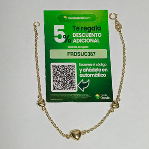 PULSERA TEJIDO ESPECIAL CON CORAZONES 14K 18 CM 1.6 GR (NUEVO)