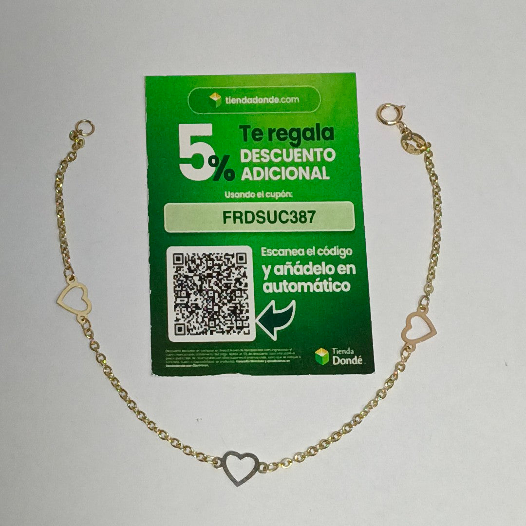 PULSERA ESPECIAL CON CORAZONES 14K 18 CM 1.2 GR (NUEVO)