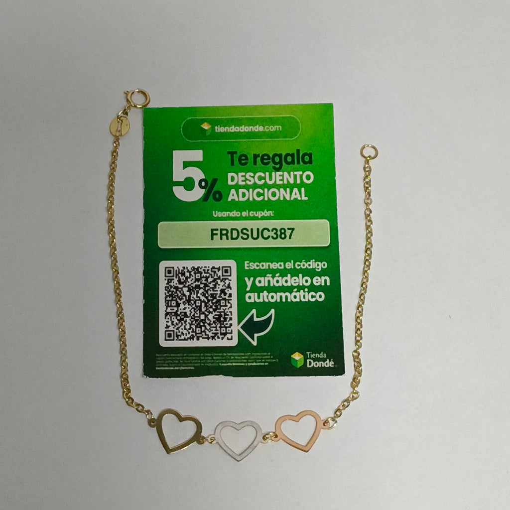 PULSERA ESPECIAL CON CORAZONES 14K 18 CM 1.4 GR (NUEVO)