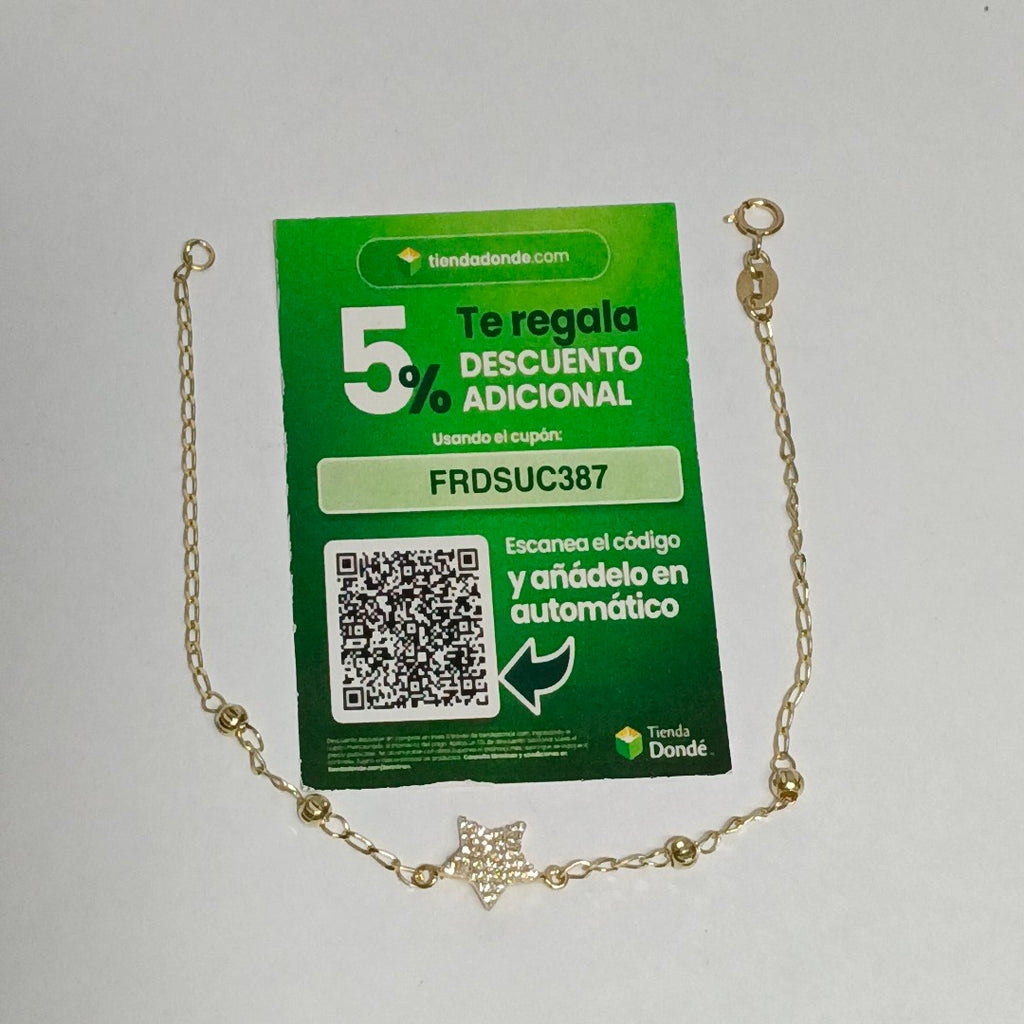 PULSERA ESPECIAL CON ESTRELLA Y CIRCONIAS 14K 18 CM 1.5 GR (NUEVO)