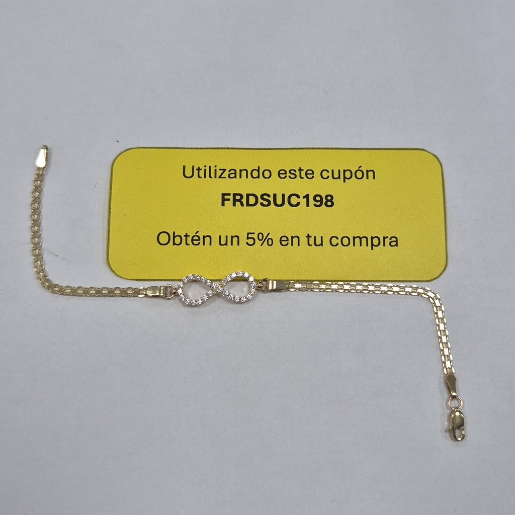 PULSERA TEJIDO ESPECIAL CON INFINITO Y CIRCONIAS 14K 18 CM 3.4 GR (NUEVO)