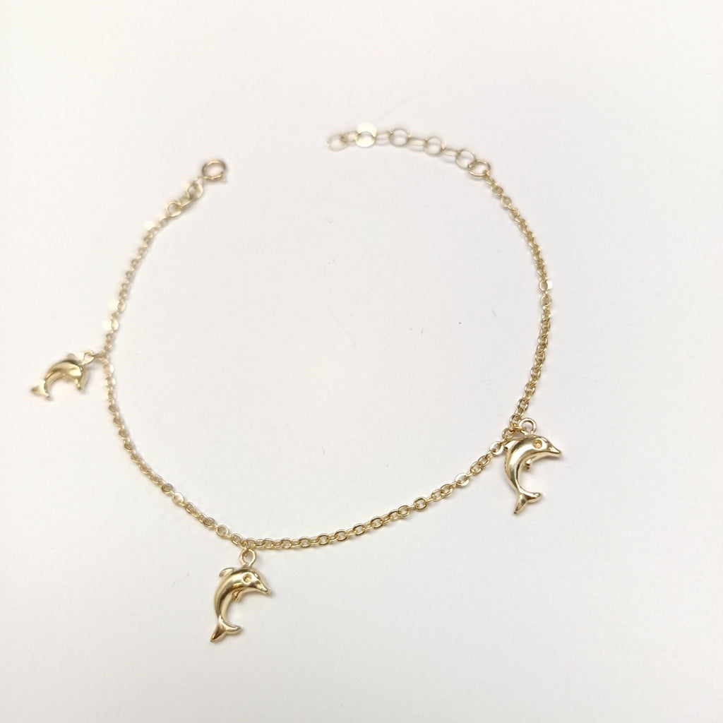 PULSERA ESPECIAL CON DIJES DELFINES 10K 18 CM 1.9 GR (NUEVO)