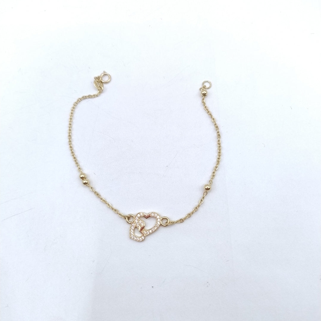 PULSERA TEJIDO ESPECIAL CORAZONES CON CIRCONIAS 14K 18 CM 2.4 GR (NUEVO)