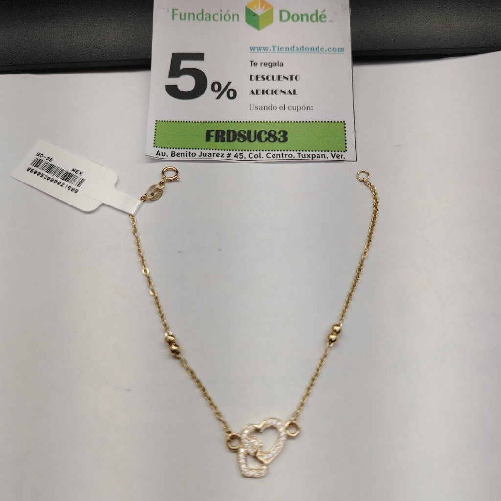 PULSERA TEJIDO ESPECIAL CORAZONES CON CIRCONIAS 14K 18 CM 2.4 GR (NUEVO)