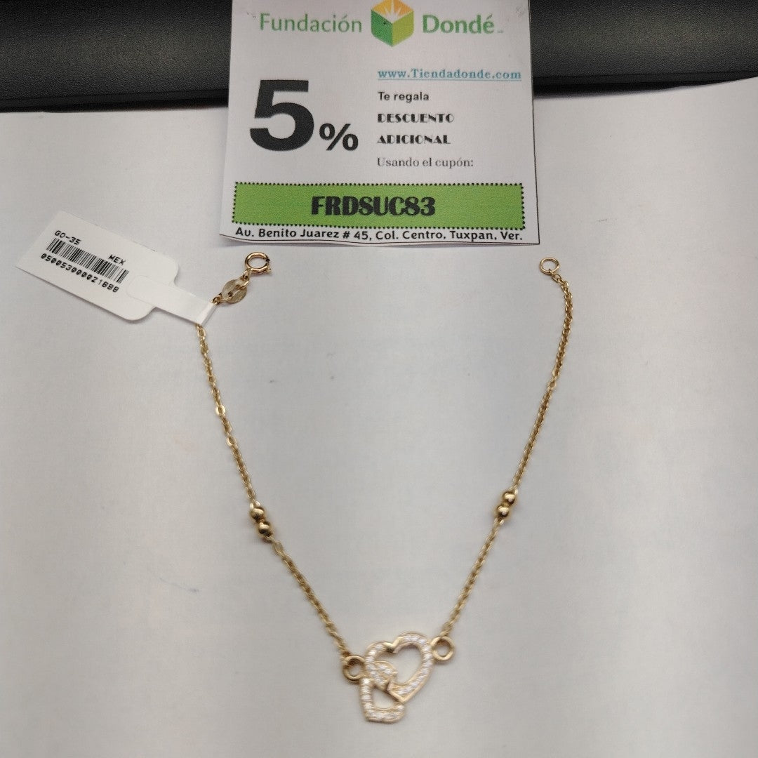PULSERA TEJIDO ESPECIAL CORAZONES CON CIRCONIAS 14K 18 CM 2.4 GR (NUEVO)