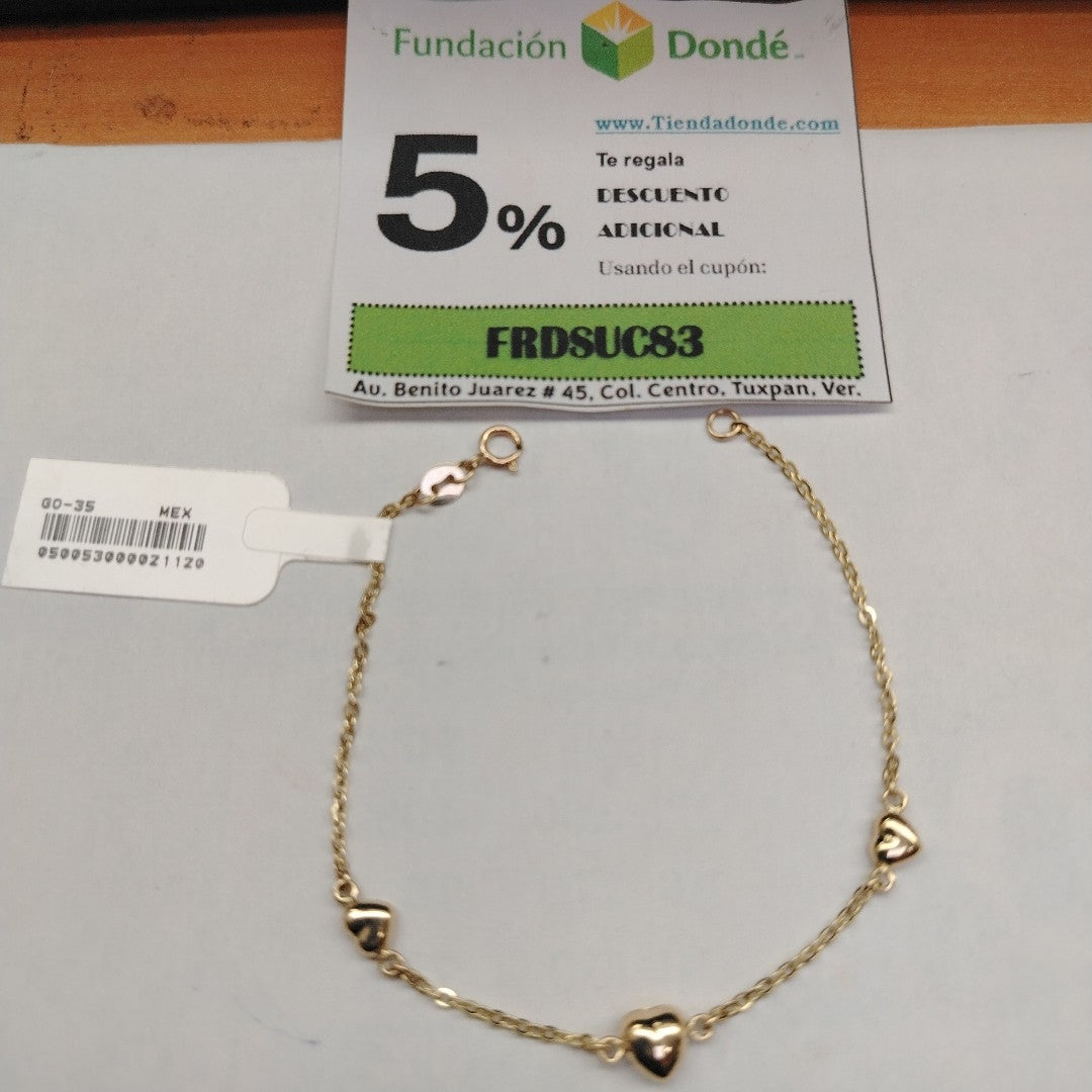 PULSERA TEJIDO ESPECIAL CON CORAZONES 14K 18 CM 1.7 GR (NUEVO)