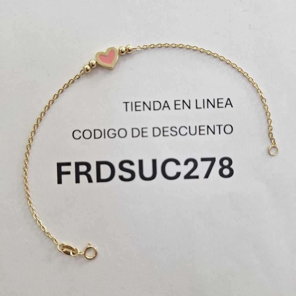 PULSERA TEJIDO ESPECIAL CON FIGURA CORAZON CON ESMALTE ROSA 14K 18 CM 1.9 GR (NUEVO)