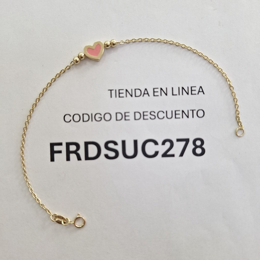 PULSERA TEJIDO ESPECIAL CON FIGURA CORAZON CON ESMALTE ROSA 14K 18 CM 1.9 GR (NUEVO)