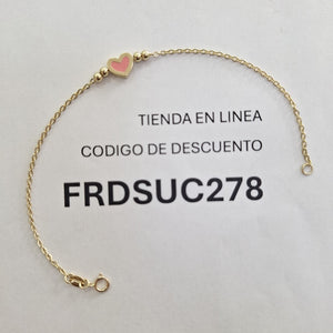 PULSERA TEJIDO ESPECIAL CON FIGURA CORAZON CON ESMALTE ROSA 14K 18 CM 1.9 GR (NUEVO)