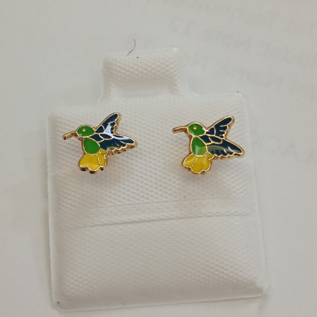BROQUELES BROQUEL FIG COLIBRI ESMALTE VERDE 14K 0.2138 GR (NUEVO)