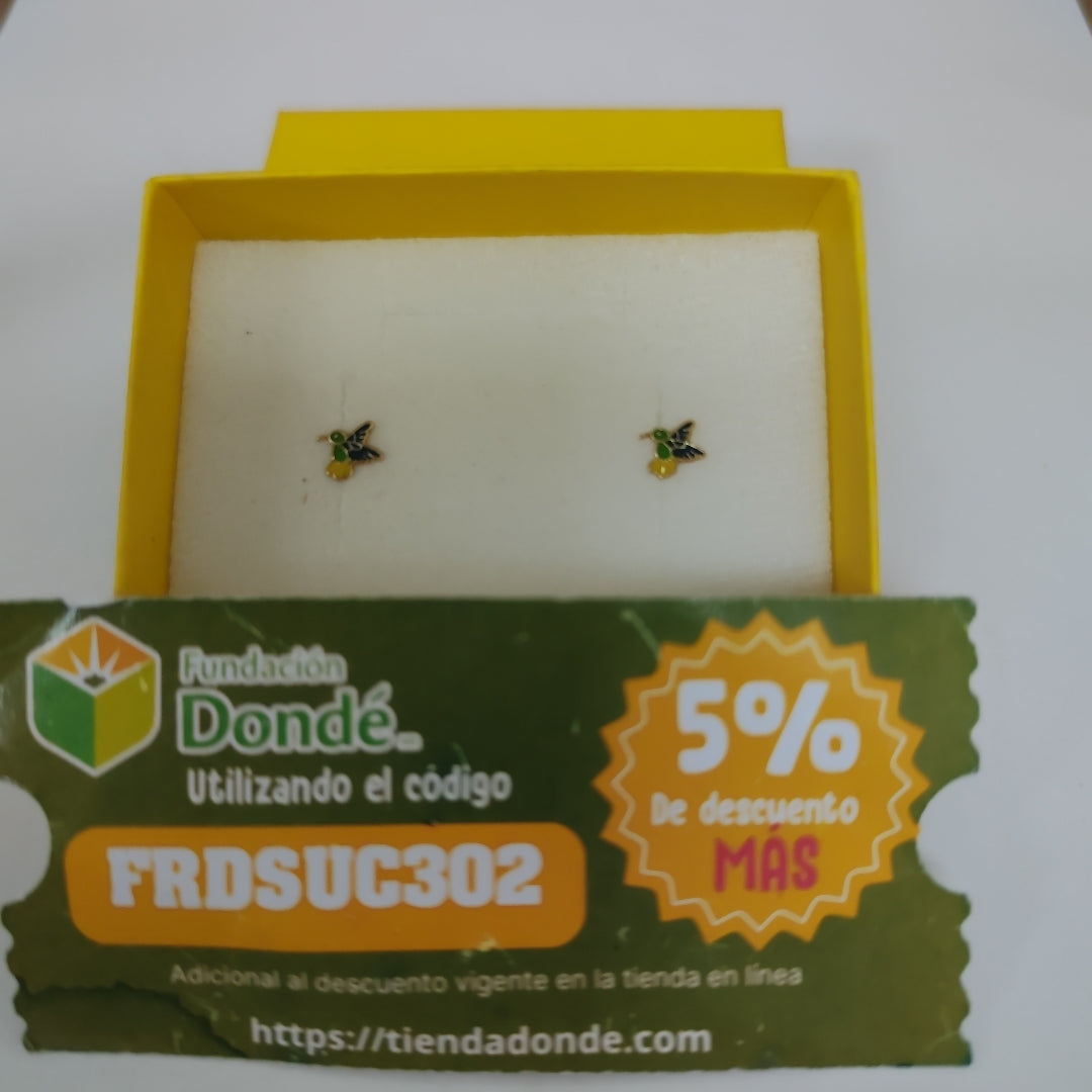 BROQUELES BROQUEL FIG COLIBRI ESMALTE VERDE 14K 0.2138 GR (NUEVO)