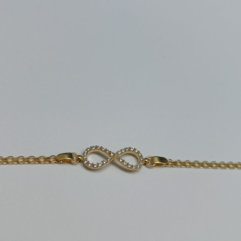 PULSERA TEJIDO ESPECIAL CON INFINITO Y CIRCONIAS 14K 18 CM 3.3 GR (NUEVO)