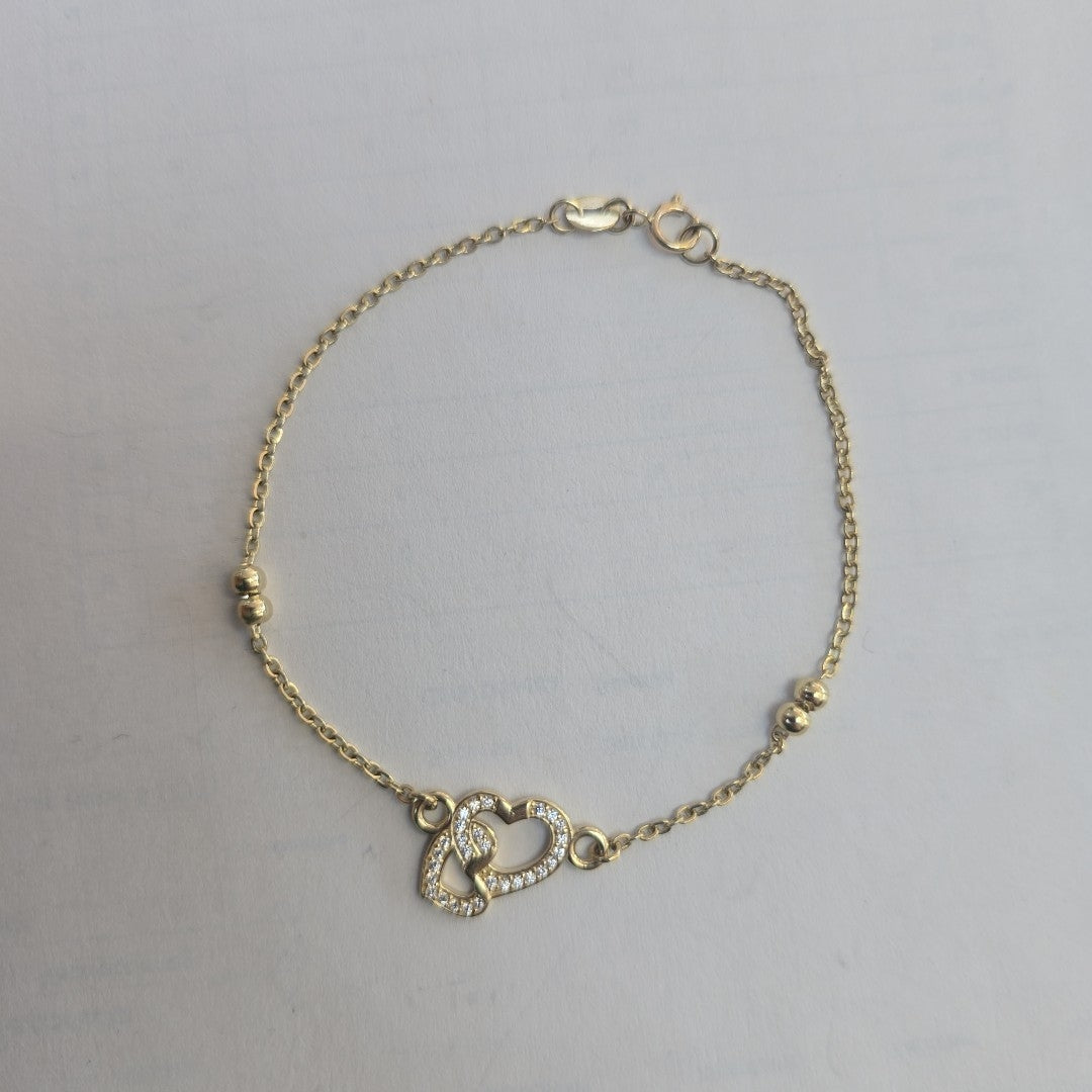 PULSERA TEJIDO ESPECIAL CORAZONES CON CIRCONIAS 14K 18 CM 2.4 GR (NUEVO)