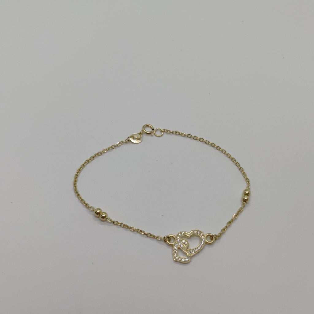 PULSERA TEJIDO ESPECIAL CORAZONES CON CIRCONIAS 14K 18 CM 2.4 GR (NUEVO)
