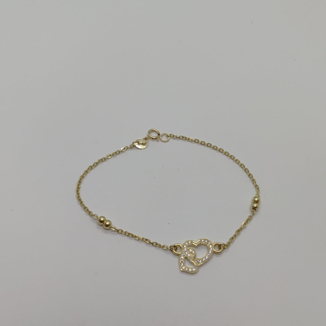 PULSERA TEJIDO ESPECIAL CORAZONES CON CIRCONIAS 14K 18 CM 2.4 GR (NUEVO)