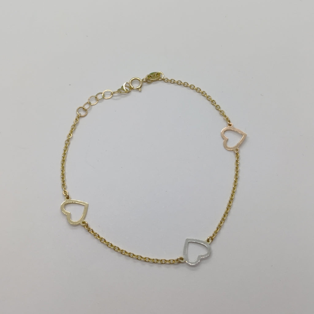 PULSERA ESPECIAL CON CORAZONES CONBINADOS 14K 18 CM 1.6 GR (NUEVO)