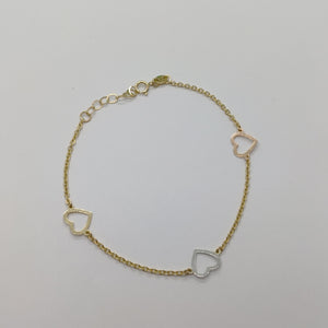 PULSERA ESPECIAL CON CORAZONES CONBINADOS 14K 18 CM 1.6 GR (NUEVO)
