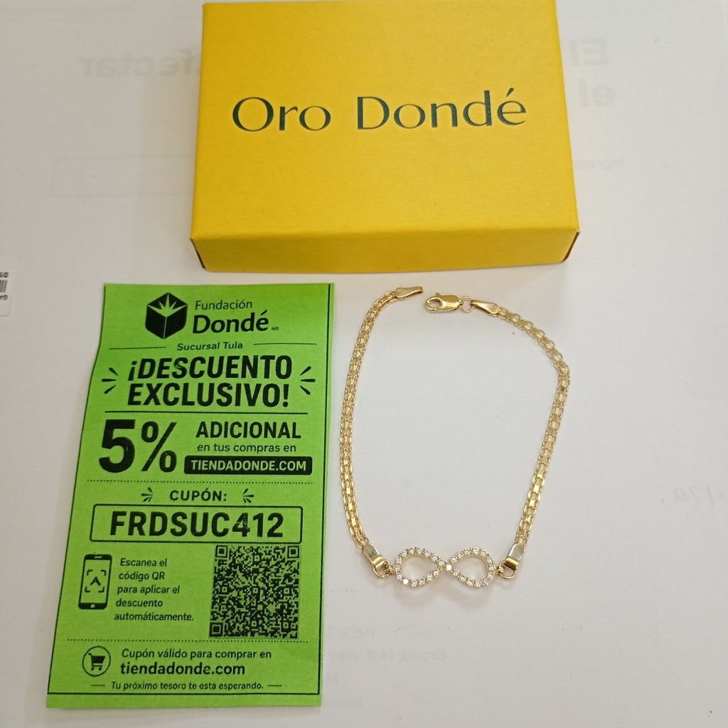 PULSERA TEJIDO ESPECIAL CON INFINITO Y CIRCONIAS 14K 18 CM 3.4 GR (NUEVO)