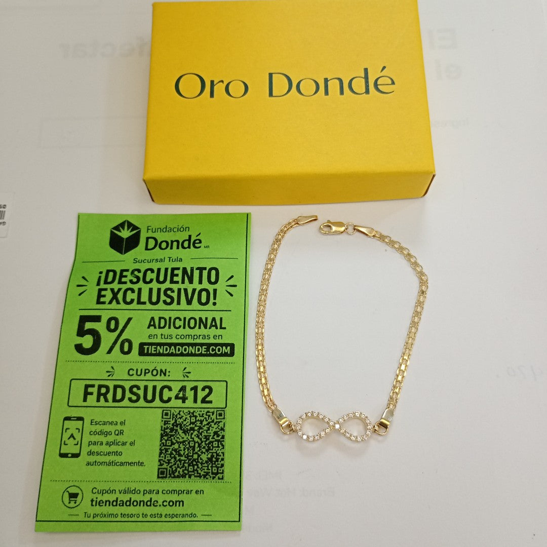 PULSERA TEJIDO ESPECIAL CON INFINITO Y CIRCONIAS 14K 18 CM 3.4 GR (NUEVO)