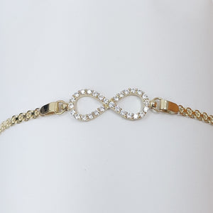 PULSERA TEJIDO ESPECIAL CON INFINITO Y CIRCONIAS 14K 18 CM 3.4 GR (NUEVO)
