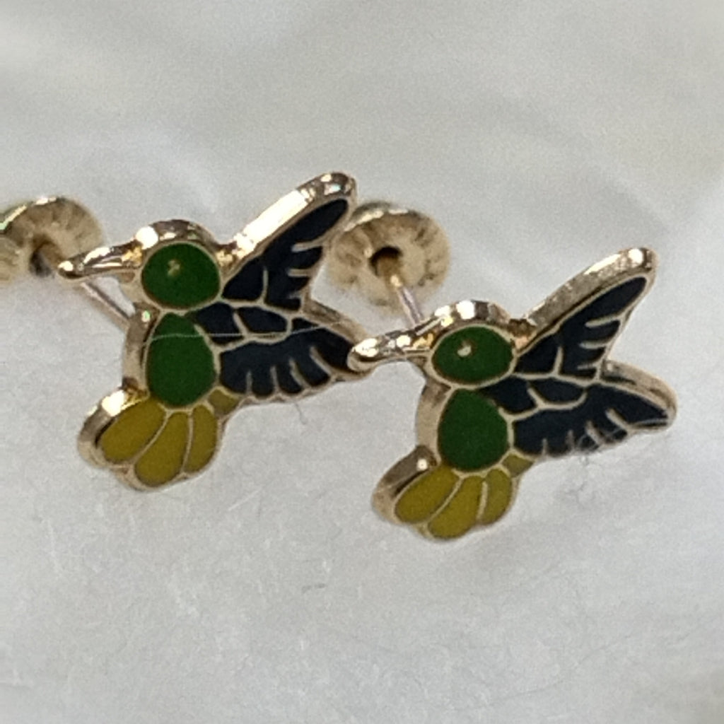 BROQUELES BROQUEL FIG COLIBRI ESMALTE VERDE 14K 0.2138 GR (NUEVO)