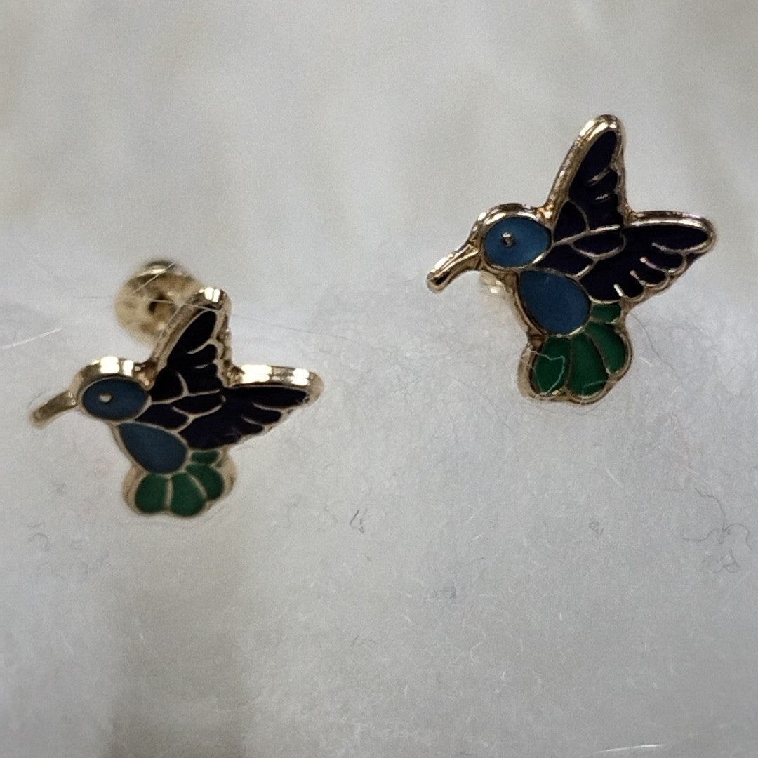 BROQUELES BROQUEL FIG COLIBRI ESMALTE AZUL 14K 0.2138 GR (NUEVO)