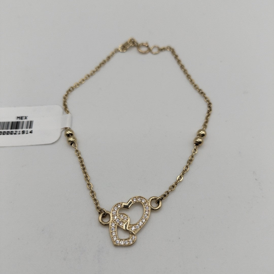 PULSERA TEJIDO ESPECIAL CORAZONES CON CIRCONIAS 14K 18 CM 2.4 GR (NUEVO)